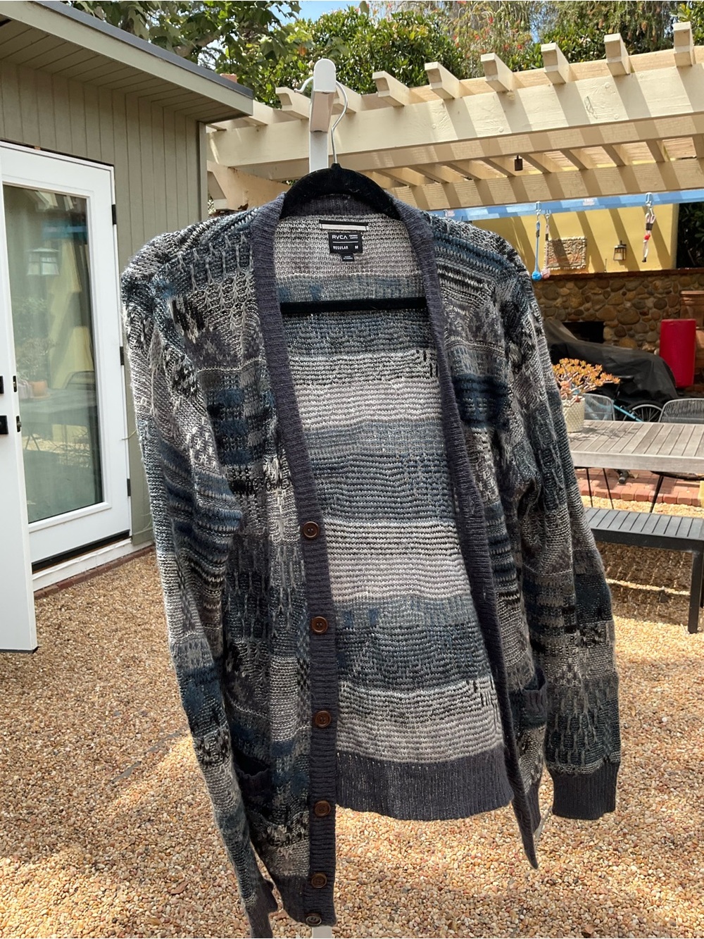 RVCA Men's Gray and Blue Patterned Knit Cardigan